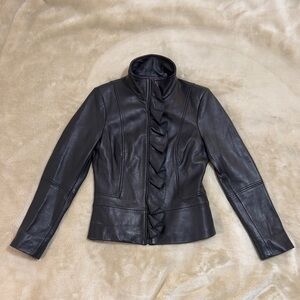 Tahari Black Genuine Lamb Leather Jacket with Ruffle Detail | Small